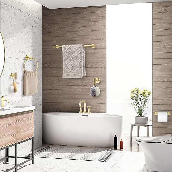 TQKAG Brushed Gold 5 Piece Bathroom Hardware Accessories Set 23.6" SUS304 Stainless Steel Bathroom Towel Bar Holder Sets Double Post Pivoting Toilet Paper Holder Set Wall Mounted