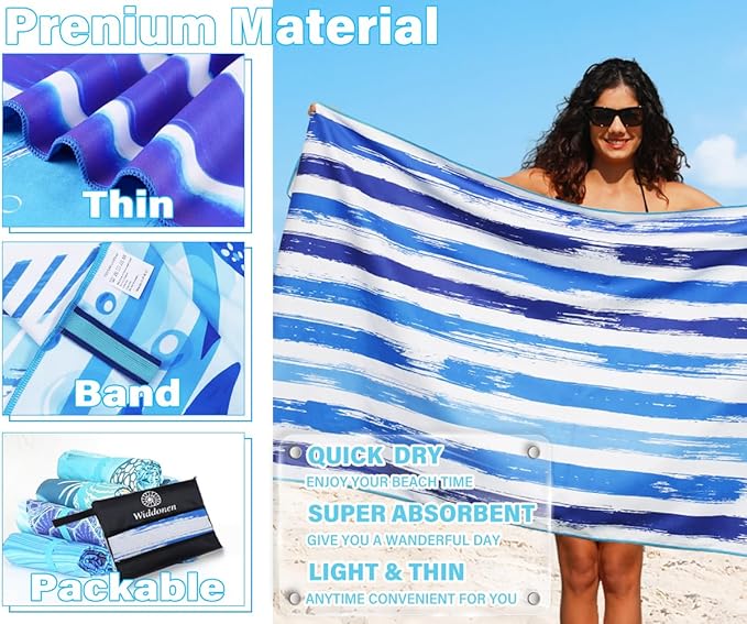 Widdonen Microfiber Beach Towel,Compact 2 Pack-71x32 Inch with Bag Travel | Extra Large,Lightweight,Thin,Sand Free,Quick Dry,Absorbent.Packable for Camping,Swim,Pool,Bath,Picnic,Cruise Essentials Gift