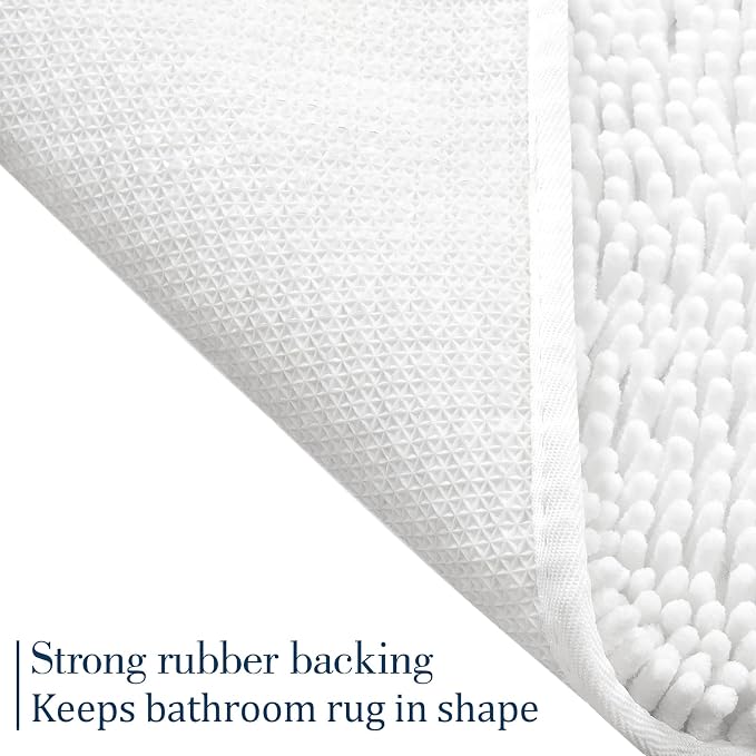 LOCHAS Luxury Bathroom Rug Shaggy Bath Mat 24 x 17 Inch, White | Washable Non Slip Bath Rugs for Bathroom Shower, Soft Plush Chenille Absorbent Carpets