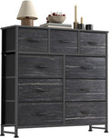 Sweetcrispy 9 Drawer Fabric Dresser Storage Tower with Wood Top and Steel Frame, Organizer Chest with Easy Pull Handles for Bedroom, Closet, Hallway,Black Wood Grain