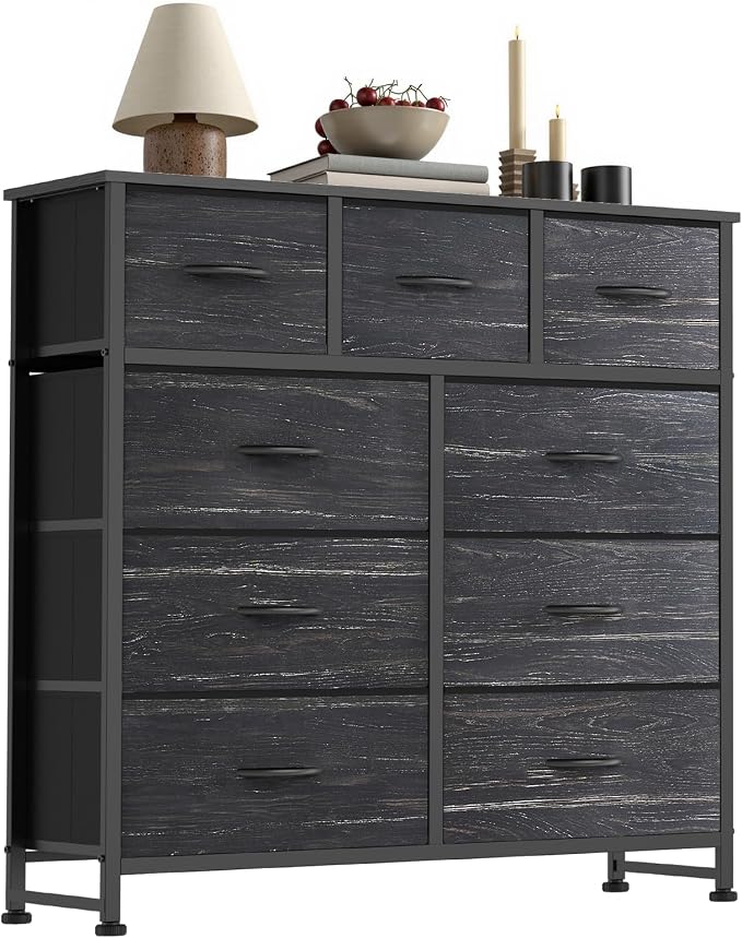 Sweetcrispy 9 Drawer Fabric Dresser Storage Tower with Wood Top and Steel Frame, Organizer Chest with Easy Pull Handles for Bedroom, Closet, Hallway,Black Wood Grain