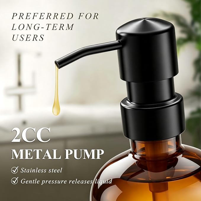 Cisily Amber Kitchen Soap Dispenser Set with Ceramics Sponge Holder | Black Metal Pump Head, Quick-Drying Soil Plate