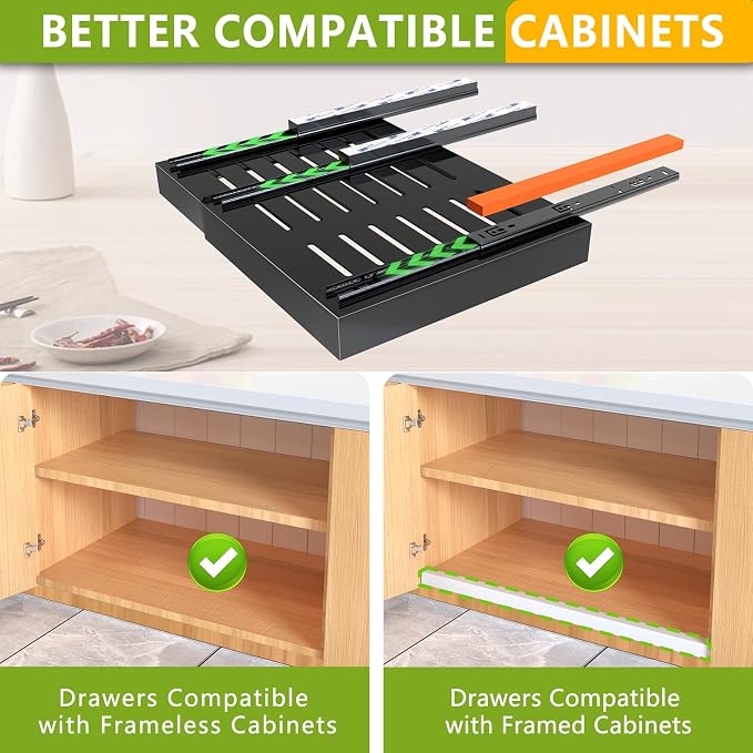 Mlinavn 2 Pack Pull Out Cabinet Organizer,21" Deep Slide Out Drawer Organizers,No Drill Pull Out Drawers Adhesive with Nano Compatible Framed Cabinets Shelves for Kitchen Pantry Adjustable Width