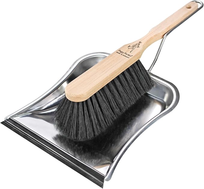 Premium Broom Set with Beech Wood Broom, Stainless Steel Dustpan and Pointed Rubber Edge - Hand Broom with Synthetic Hair Mixture - Attachable Dustpan and Broom