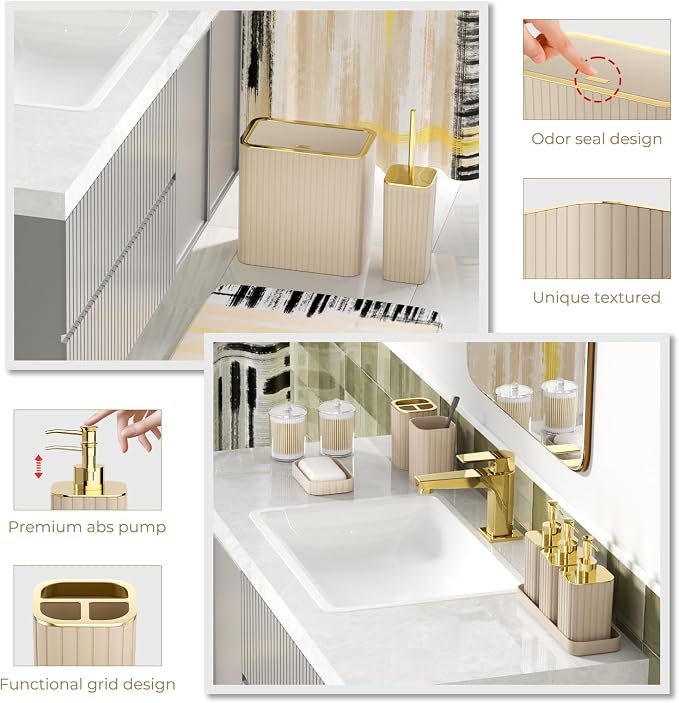 Bathroom Set - Bathroom Accessory Set, Beige Bathroom Set, 26PC Bathroom Sets with Shower Curtain and Rugs, Toilet Brush, Trash Can, Qtip Holder & Bathroom Soap Dispenser Set