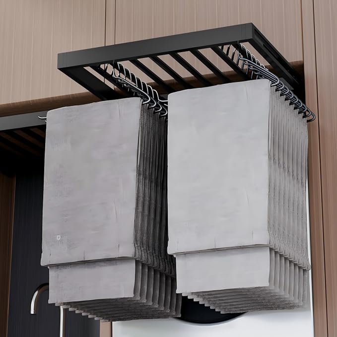 Hidden Pull Out Drying Rack, Extendable Pull Out Trousers Rack, Space Saving, Above Washing Machine Wardrobe, Aluminum Alloy, Soft-Close, Depth 21.26in Width 24-26in Grey