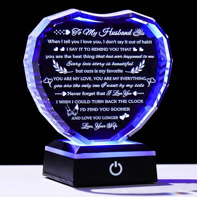 Arikyrist Gifts for Husband from Wife with Colorful LED Base Anniversary Romantic Gifts for Husband Birthday Crystal Keepsake to My Husband I Love You Gifts on Valentine Fathers Day Christmas