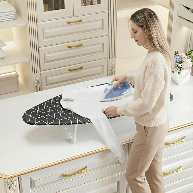 Small Ironing Board top with Heat Resistant Cover, Compact Mini Ironing Board with Metal mesh Frame,for Dorm,Apartment and Travel, Hook for Hanging, Iron Board, Iron Table Stand 12”×30” Dark Gray
