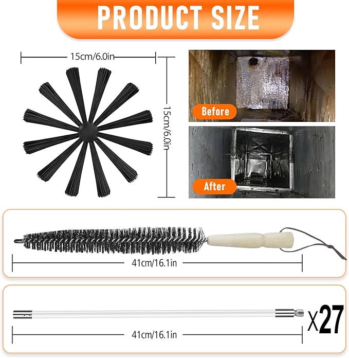 35Feet Chimney Sweep Kit,6 in Brush Head,Dryer Vent Cleaner Kit, Chimney Sweep&Chimney Cleaning Kit, Rotary Chimney Cleaning System for Flue/Fireplace/Sewage Pipe/Hood with 27 Nylon Flexible Rods
