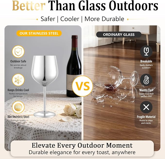 UNISWEET Unbreakable Stainless Steel Wine Glasses Set of 4, Silver | 17oz Unique Fancy Metal Wine Goblets, Shatterproof, Ideal for Outdoor, Camping, Travel, Pool, Great Gift for Wine Lovers