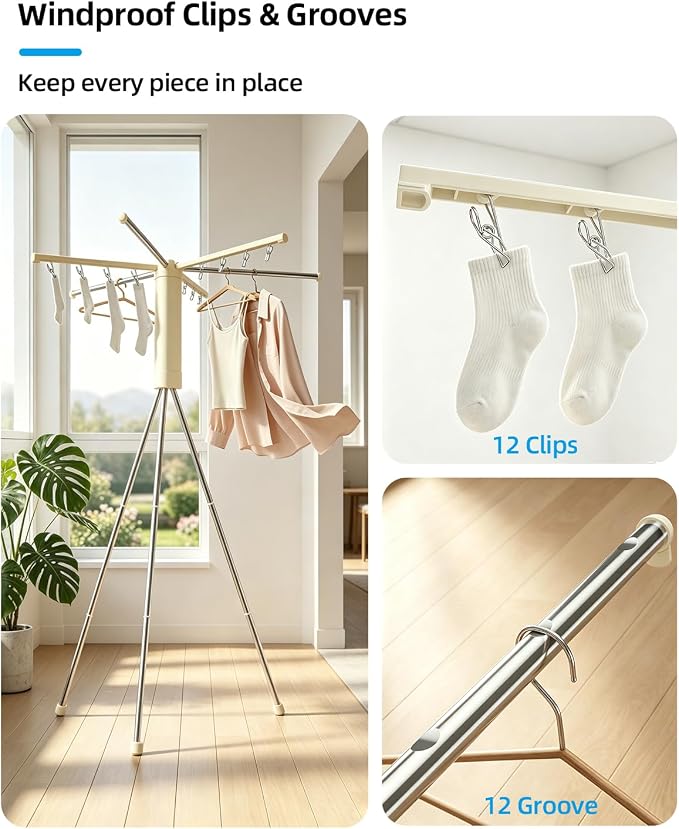 Foldable Tripod Clothes Drying Rack for Balcony, Hotel, Apartment, Bedroom | Portable Drying Rack Clothing Laundry Drying Rack for Travel, Camping with 3 Tent Pegs. Steel Frame with 12 Clips, Windproof