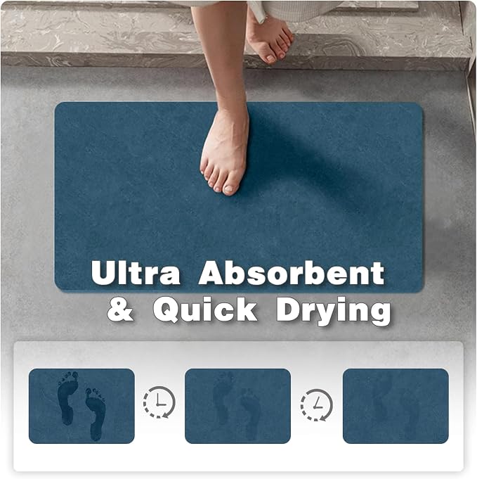 TYUU Bathroom Mat Quick Dry, Bathroom Rugs Non Slip Washable Thin Absorbent Bath Mat Fits Under Door Bathroom Floor Mat Perfect for Bath, Shower, or Sink 24"x36" Denim Blue