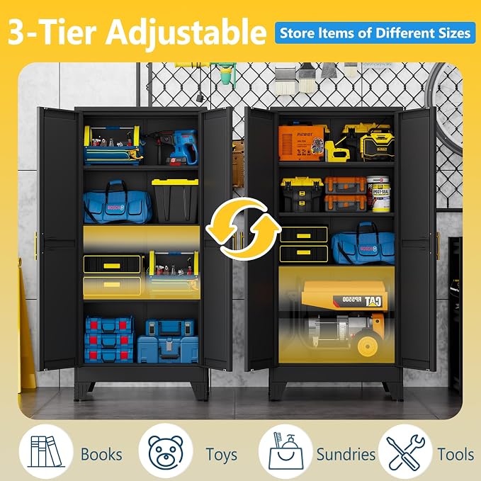 PAOFIN 61" Metal Storage Cabinet with 2 Doors and 3 Adjustable Shelves,Black Metal Garage Storage Cabinets, File Cabinet,Steel Tool Cabinets for Home,Office,Garage,School,Warehouse
