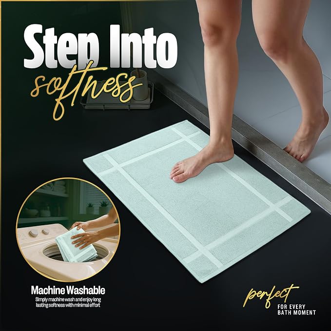 Pearl Linens Pack of 2 100% Cotton Bath Mat 20x30 inches, Soft & Absorbent Quick Dry Bathroom Mat Set, Not Bathroom Rugs, After Shower Mat, Bath Tub Mat, 687 GSM, Machine Washable, Mint Green