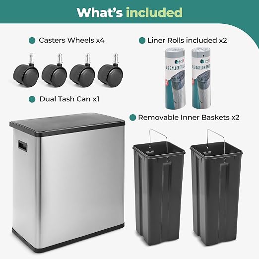 HOLDN’ STORAGE 60L Dual Kitchen Trash & Recycling Bin, Motion Sensor Opening, Soft-Close Lid, Removable Inner Buckets, Stainless Steel, 2 Trash Bag Rolls Included