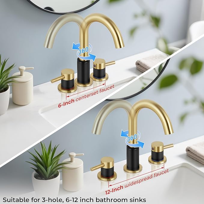 Bathroom Faucet 3 Hole, Brushed Gold and Black Bathroom Sink Faucet with Pop Up Drain, 8 inch Widespread Bathroom Faucet with 360° Swivel Spout, 2 Handle Vanity Faucet with Water Supply Hoses