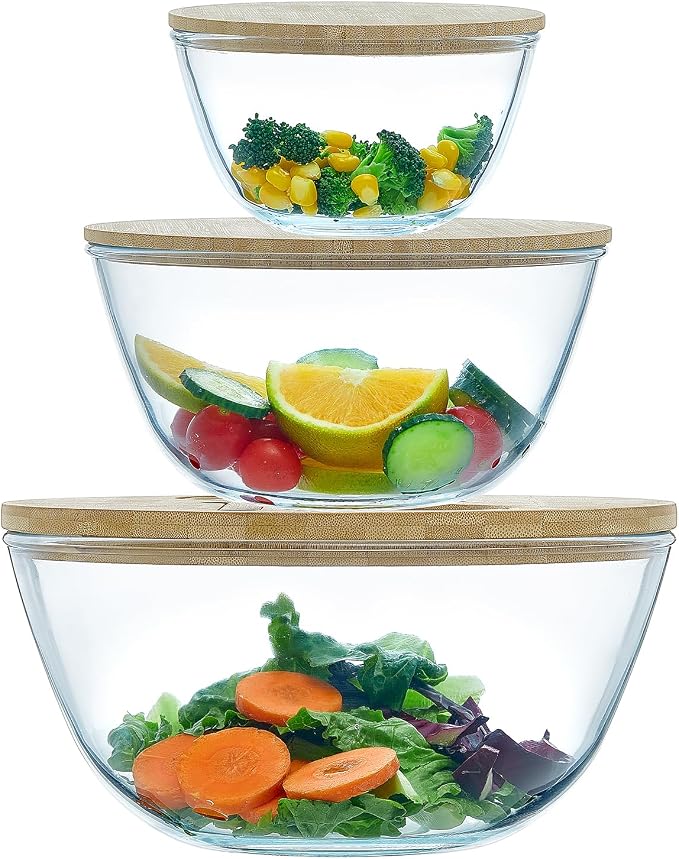Glass Mixing Bowls with Bamboo Lids, 3 Packs Glass Bowls with Lids Set(4.7QT, 2.1QT, 0.8QT), Large Capacity Salad Bowls, Nesting Containers Microwave Safe Baking Bowls for Kitchen