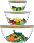 Glass Mixing Bowls with Bamboo Lids, 3 Packs Glass Bowls with Lids Set(4.7QT, 2.1QT, 0.8QT), Large Capacity Salad Bowls, Nesting Containers Microwave Safe Baking Bowls for Kitchen