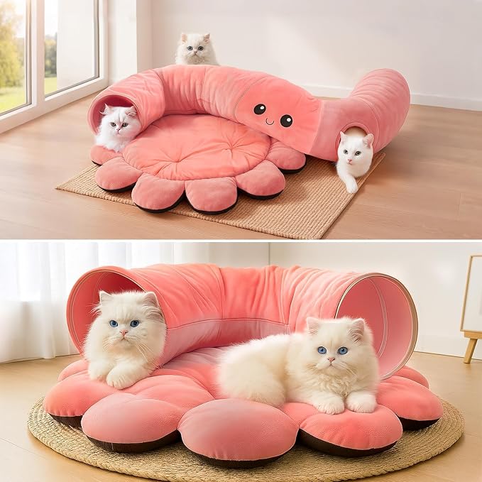 Cat Tunnel Bed with 20 Cat Toys, Collapsible Play Tunnel for Indoor Cats, Kitten Toys for Indoor Kittens, Octopus Shaped