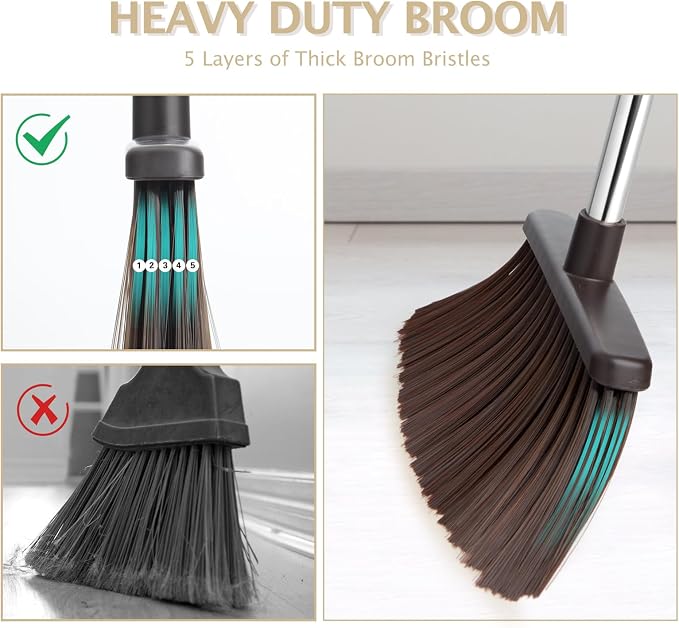 2-Pack Broom and Dustpan Set with Long Handle, Heavy Dust Broom and Dustpan Combo for Home，Kitchen, Office, Pet Hair(Beige)