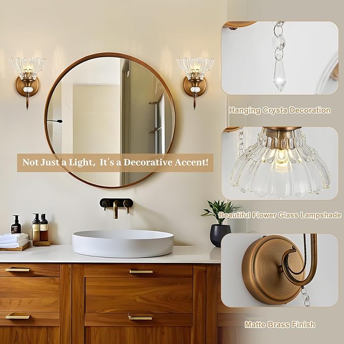 1 Piece Vintage Wall Sconce, 1-Light Matte Antique Brass Finish Wall Sconce with Hanging Crystal Accents and Flower-Shaped Clear Shades for Bathroom Bedroom Living Room,Vintage Vanity Light