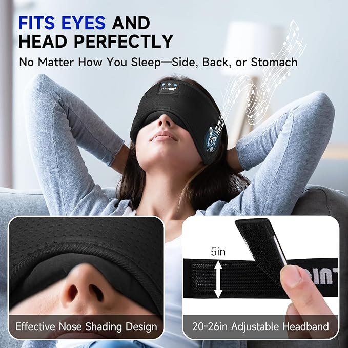 TOPOINT Sleep Mask with Bluetooth Headphones, Breathable Silk Eye Mask for Sleeping Men Women, Bluetooth Sleep Mask Blackout with Speakers, Microphone Handsfree, USB C for Travel Meditation Gifts