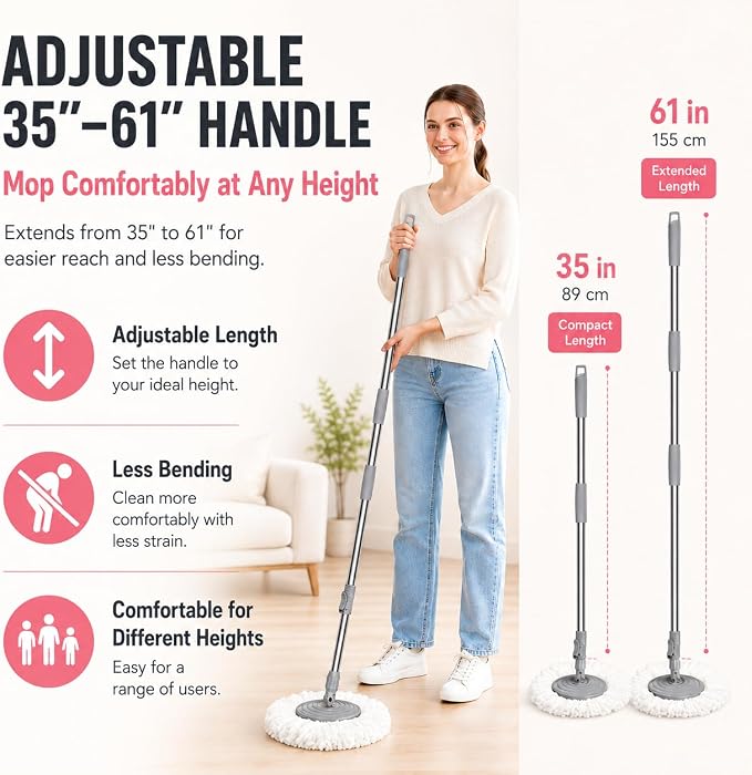RinseWise Easy-Use Gen 2 Spin Mop and Bucket for Pet & Family Homes, Shower-Style Rinse, Clean & Dirty Water Separation, 1.5 Gal Clean Water Capacity, 4 Swivel Wheels, 61" Handle, 6 Mop Heads - Pink
