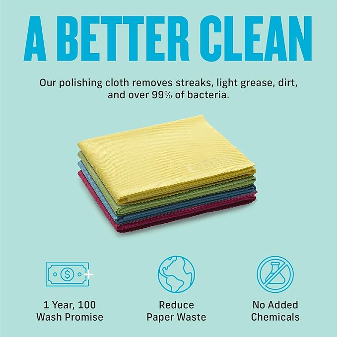 E-Cloth Glass & Polishing Cloths, Premium Microfiber Glass Cleaner, Great for Windows, Glass and Mirrors, Washable and Reusable, 100 Wash Guarantee, Assorted Colors, 8 Pack