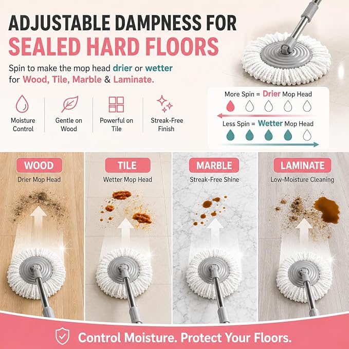 RinseWise Easy-Use Gen 2 Spin Mop and Bucket for Pet & Family Homes, Shower-Style Rinse, Clean & Dirty Water Separation, 1.5 Gal Clean Water Capacity, 4 Swivel Wheels, 61" Handle, 6 Mop Heads - Pink