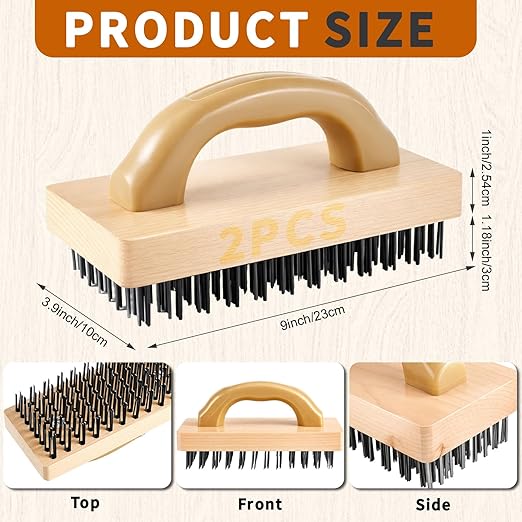 2 Pcs 9'' Ergonomic Steel Butcher Block Scratch Brush, Durable and Effective, Steel Wire Broiler Bristle Brush for Cleaning Dirt, Rust and Electroplating and Welding Operations
