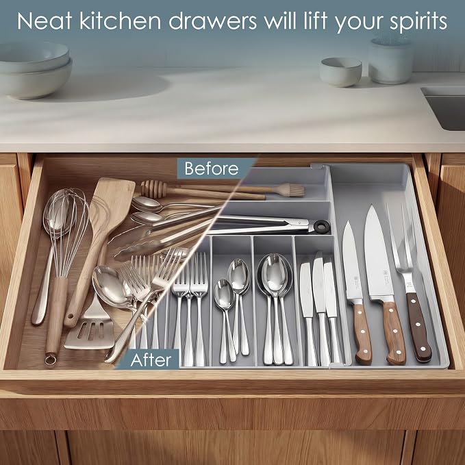 Heavy Duty Stainless Steel Frame Silverware Organizer with Plastic Body, Extra Large Silverware Drawer Organizer, 9 Slot Expandable Kitchen Drawer Organizer, 8 Non-Slip Feet Included, BPA Free, Gray