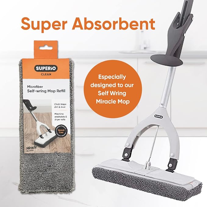 Superio Miracle Microfiber Mop for Hardwood Floors, Tile, Laminate, Walls-self Wringing Flat Mop Telescopic Handle-Lightweight, Heavy Duty-Grey