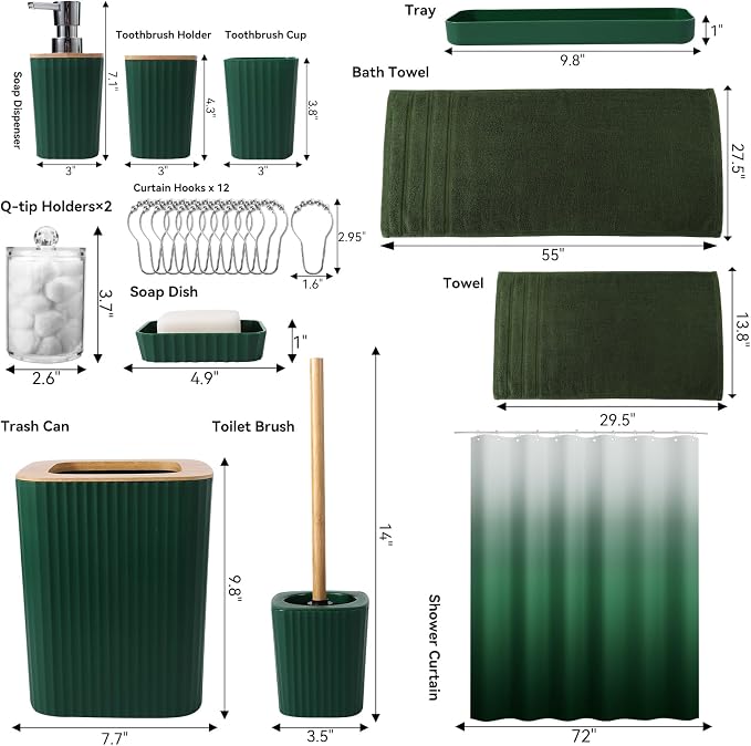 XLHOMO Dark Green Bathroom Set - Green Bathroom Accessories Set, 24PCS Bathroom Accessory Set with Shower Curtain, Bath Towels, Trash Can, Soap Dispenser, Green Bathroom Accessories for Home