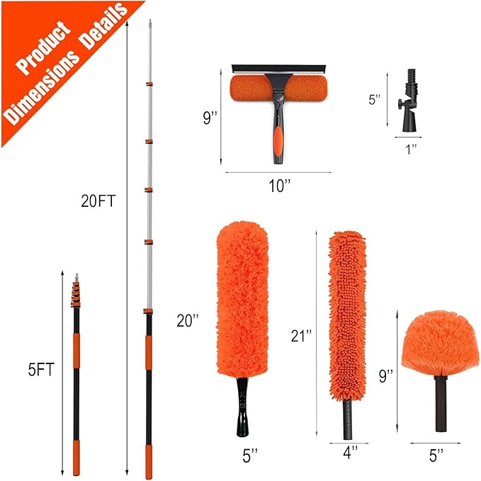 26FT Reach Duster Kit, Window Cleaning with 5-20FT Telescoping Extension Pole, High Ceiling Duster, Microfiber Feather Duster, Cobweb Duster, Window Squeegee, Feather Duster, Extendable Pole Kit