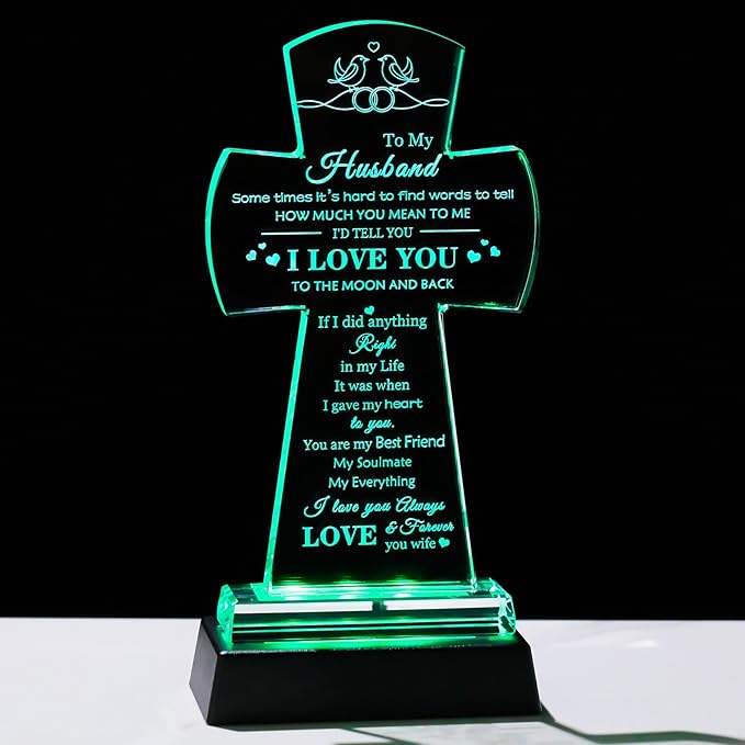 Movdyka Husband Gifts from Wife, Birthday Christmas Anniversary Religious Gifts for Husband Glass Cross Keepsake with Colorful Base, Best Husband Ever Gifts for Him who has Everything