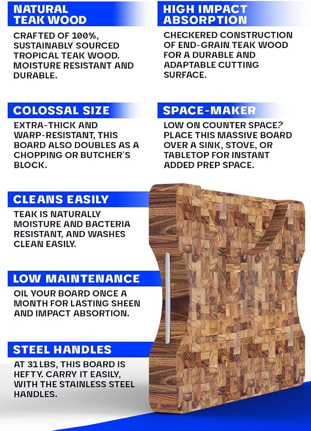 Dalstrong Massive XL Cutting Board - Lionswood End-Grain Teak - 25" x 18"-Steel Carrying Handles -Serving Board - Large Cutting Boards For Kitchen- eat Cutting Board-Two Sizes