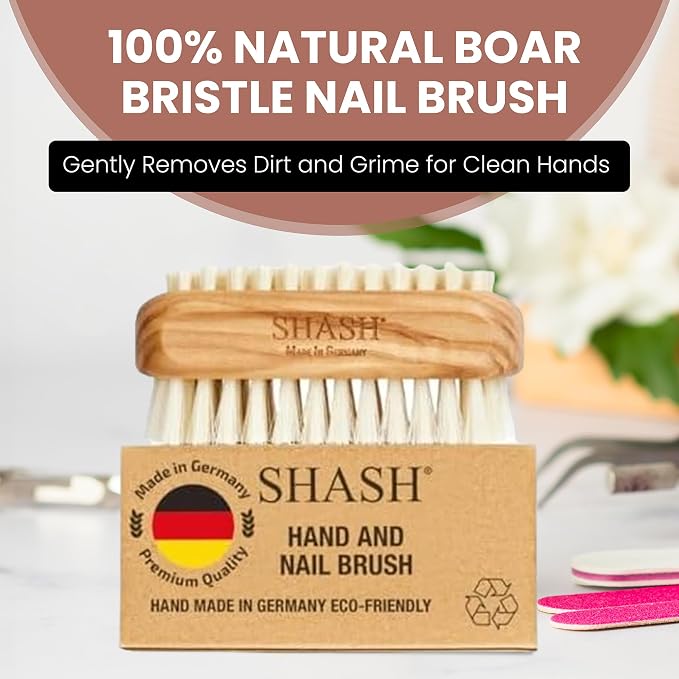 SHASH Made in Germany - 100% First Cut Boar Bristle Nail Brush - Gently Removes Dirt, Grime for Clean Hands - Exfoliates Skin for Soft, Smooth Texture, Wood (Olive)
