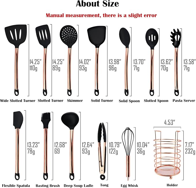Silicone Cooking Utensil Set with Measuring Cup Spoon, 16 Pcs Non-stick Kitchen Utensil, Heat Resistant Cookware, Silicone Kitchen Tools Gift with Rose Gold Stainless Steel Handle