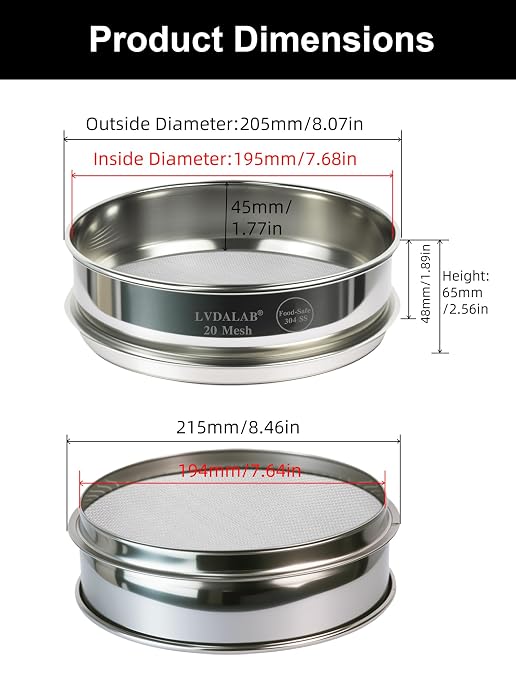 All 304 Stainless Steel 20 Mesh Test Sieve (0.9mmAperture), 8 Inch/20cm Diameter, Lab Sifter & Sand Screen, Industrial Wire Cloth Strainer for Seeds, Coarse Sand & Particle Separation