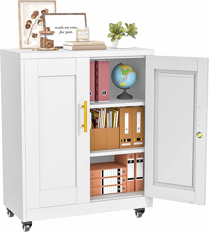 PAOFIN Metal Storage Cabinet-35” Tall Steel File Cabinets with Lockable Doors and Adjustable Shelves, Steel Tool Cabinet with Wheel for Home, School, Office, Garage White