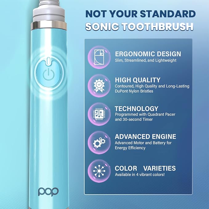 Pop Sonic Ultimate Pro Rechargeable Toothbrush (Hawaiian Blue) - 40,000 Strokes/Min - Long-Lasting Nylon Bristles - Teens & Adults with Quadrant Pacer & Timer