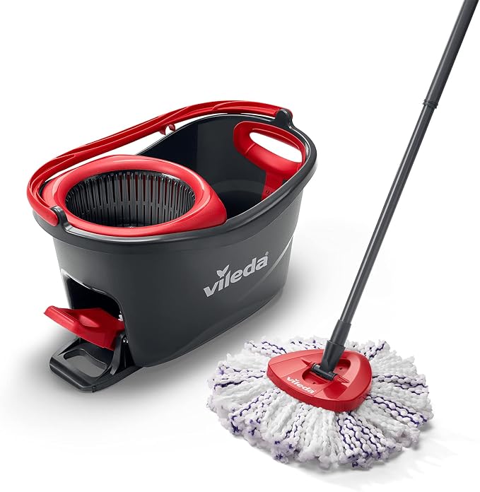 Vileda Turbo Deep Clean Spin Mop and Bucket Set with Foot Pedal Wringer | Telescopic Handle 65–131cm, Microfibre Mop Head with Scrub Pad, Machine Washable, Cleans Hard Sealed Floors, 5 Year Guarantee