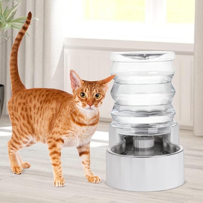 RIZZARI 4L Gravity Cat Water Dispenser: Filter-Free Compact Home Use | No Power Needed/Stainless Steel Bowl/Spill-Resistant Base/Perfect For Cats & Small Dogs/Easy Water Refill