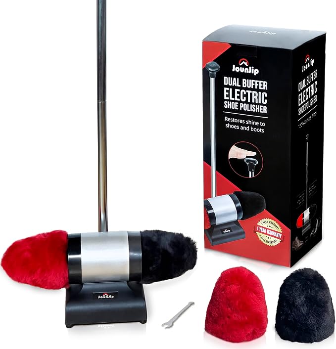 JOUNJIP Electric Shoe Shine Polisher - Deluxe Kit with 4 Buffer Covers - 100% Natural Lamb Wool