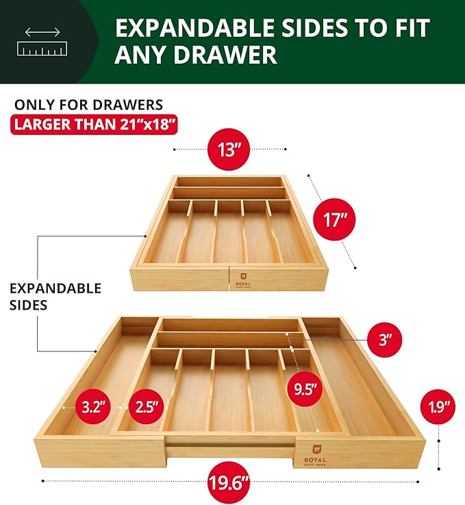 ROYAL CRAFT WOOD Luxury Bamboo Kitchen Drawer Organizer - Silverware Organizer, Utensil Holder & Cutlery Tray Drawer Dividers for Flatware (9 Slot, Natural)