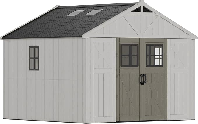 Devoko 10x10 FT Resin Storage Shed with Floor, Plastic Outdoor Tool Shed with Windows & Lockable Door, Large Garden Storage Shed for Patio Backyard Lawn, Beige