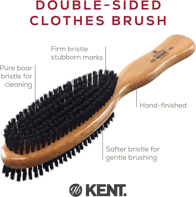 Kent CC20 Double Sided Cherrywood Clothes Brush and Lint Remover, Firm Side for Dust and Dirt, Soft Side for Gentle Brushing for Keeping Fabrics Free from Fibres, Fluff and Pet Hair, Made in England