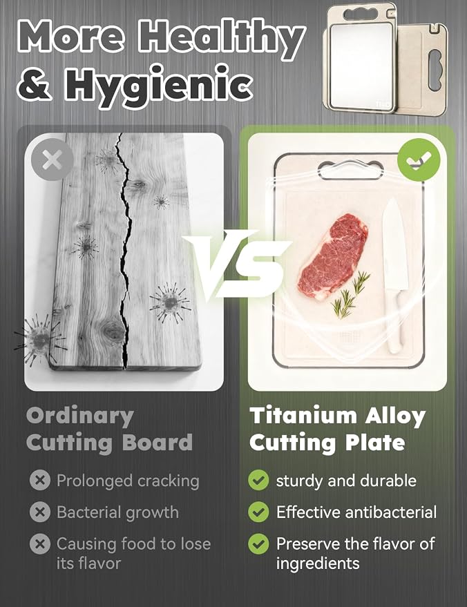 TIBO Titanium Cutting Board with Knife Sharpener, 14.3"L x 9.8"W Double-Sided Small Board (Titanium & Wheat Straw PP) for Meat, Fruit & Vegetable, Hand Wash