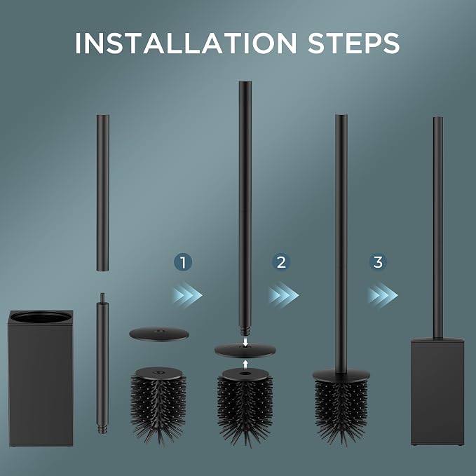 FORIOUS Short Toilet Brush and Holder Set, Heavy Duty 304 Stainless Steel Base Square and Long Handle for Bathroom Deep Cleaning, Drip-Proof, Space Saving for Storage, 2 Toilet Bowl Brush Head, Black