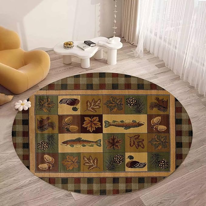 Multicolor Plaid Fish Plants Pattern Area Rug 2ft for Hallway Non-Slip Empire Bear Round Rugs Couch Decor Luxury Pine Cone Floor Mat